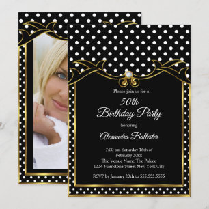 Invitation Photo de fête d'anniversaire à pois noirs et blanc