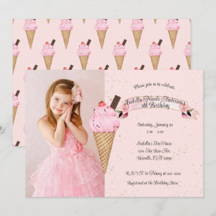 Invitation Photo de fête d'anniversaire avec cône de glace ro