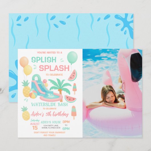 Invitation Photo de fête d'anniversaire avec toboggan aquatiq (Devant / Derrière)