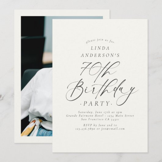 Invitation Photo de fête d'anniversaire de 70 ans en écriture (Devant / Derrière)