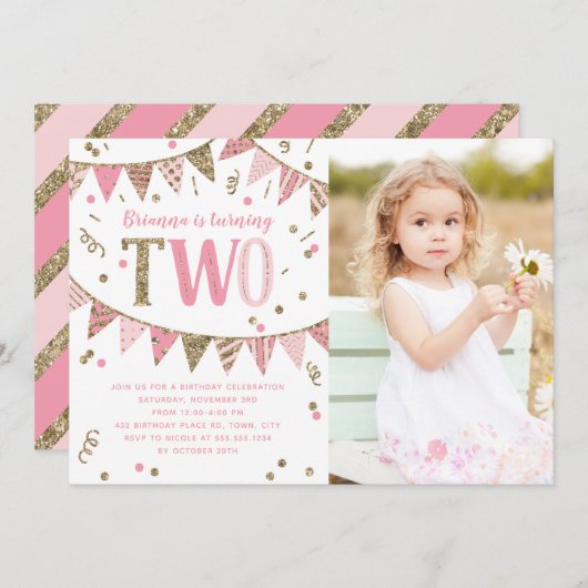 Invitation Photo de fête d'anniversaire de deux ans avec pail (Devant / Derrière)