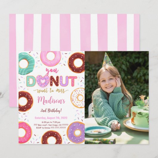 Invitation Photo de fête d'anniversaire de Donut modifiable (Devant / Derrière)