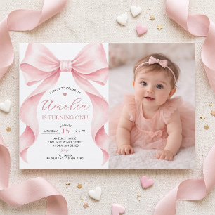 Invitation Photo de fête d'anniversaire de fille au ruban ros