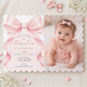 Invitation Photo de fête d'anniversaire de fille au ruban ros