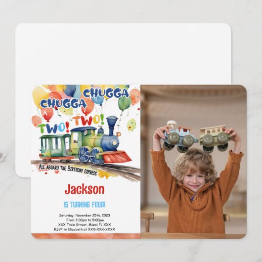 Invitation Photo de fête d'anniversaire de train 4 ans (Devant / Derrière)