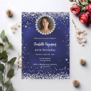 Invitation Photo de fête d'anniversaire diamant bleu marine