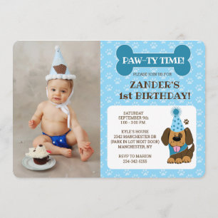 Invitation Photo de fête d'anniversaire du chiot bleu recto-v