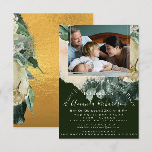 Invitation Photo de fête d'anniversaire Floral Gold Green enc (Devant / Derrière)