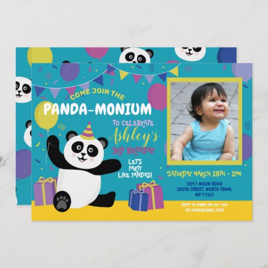 Invitation photo de fête d'anniversaire Panda-moni (Devant / Derrière)