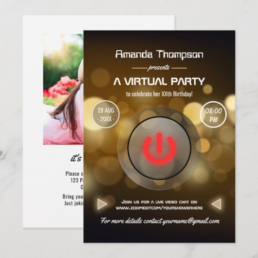 Invitation Photo de fête d'anniversaire virtuelle Bokeh (Devant / Derrière)