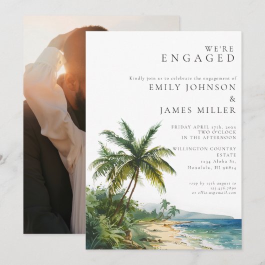 Invitation Photo de fête de fiançailles tropicale à l'aquarel (Devant / Derrière)