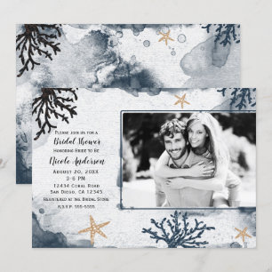 Invitation Photo de Fête de Mariage Aquarelle Corail Bleu Mar