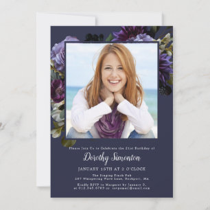 Invitation Photo de fête du 21e anniversaire Moody Purple Flo