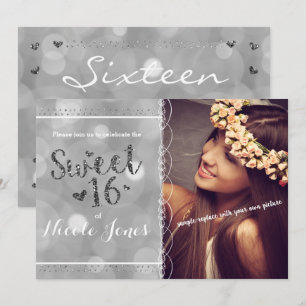 Invitation photo de fête glitter argent pour 16 an