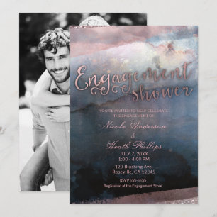 Invitation Photo de fiançailles Rose Gold Bleu Aquarelle Mode
