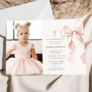 Invitation Photo de fille au ruban rose pour la première comm