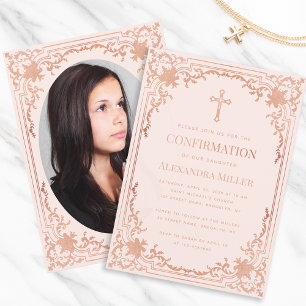 Invitation Photo de fille Confirmation Rose Or Elégant