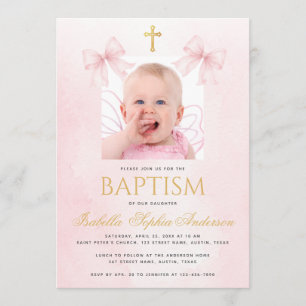 Invitation Photo de fille de baptême avec rubans roses et cro