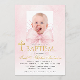 Invitation Photo de fille de baptême avec un nœud rose, croix