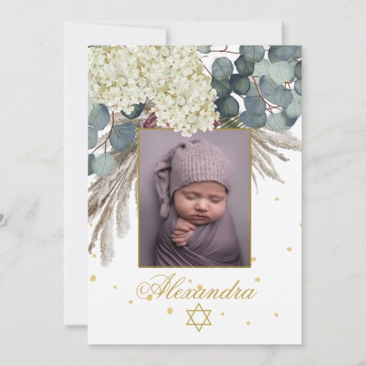 Invitation Photo de fille juive Baby baptisant Floral Gold (Dos)