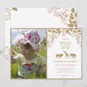 Invitation Photo de fille pour 1er anniversaire thème Rose et (Devant / Derrière)