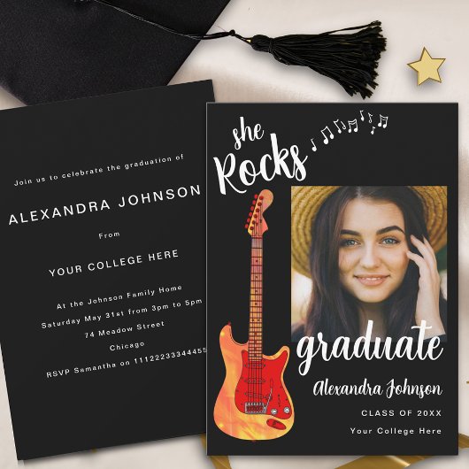 Invitation Photo de fin d'études Noir Blanc Script Fête de re