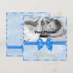 Invitation Photo de garçon au nœud en satin pour baptême