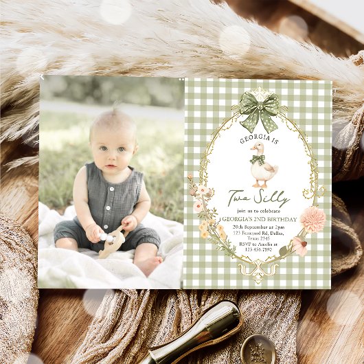 Invitation Photo de Gingham Two Silly Goose pour le 2e annive
