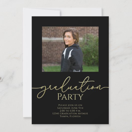 Invitation Photo de Graduation du script noir et or (Dos)