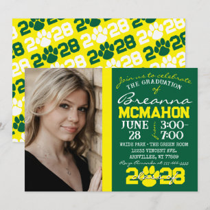 Invitation Photo de graduation en Pawprint vert et jaune
