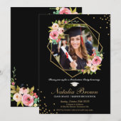 Invitation Photo de graduation florale géométrique en noir et (Devant / Derrière)