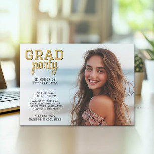 Invitation Photo de graduation - Grad Party Script Gold
