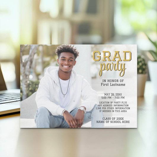 Invitation Photo de graduation - Grad Party Script Gold