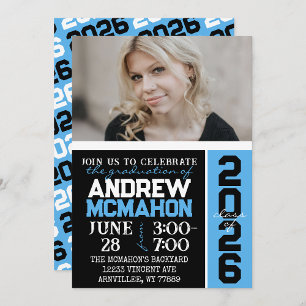 Invitation Photo de Graduation moderne Black & Baby Blue