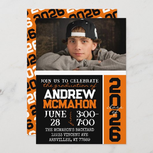 Invitation Photo de Graduation Moderne Black & Orange