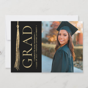 Invitation Photo de Graduation moderne Gold Black Grad Tassel