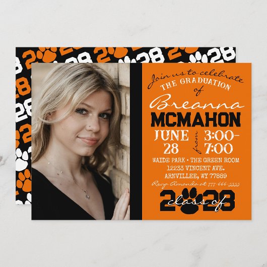 Invitation Photo de graduation Orange & Black Pawprint