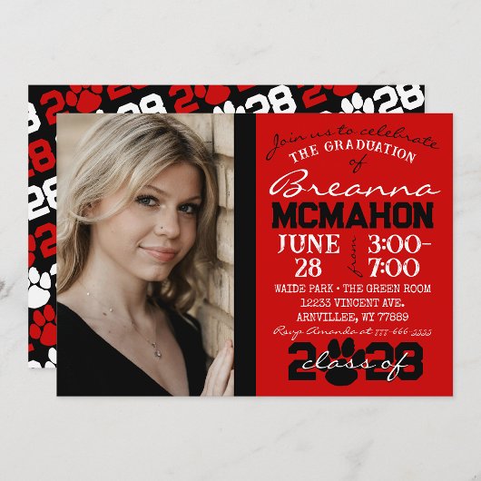 Invitation Photo de graduation Red & Black Pawprint