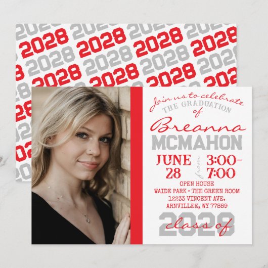 Invitation photo de graduation rouge, gris et blan (Devant / Derrière)