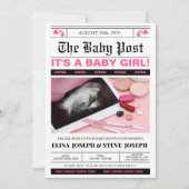Invitation Photo de journal moderne Baby shower fille (Devant)