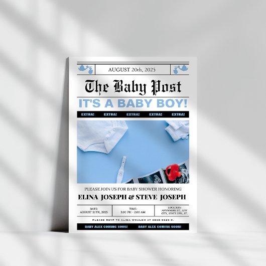Invitation Photo de journal moderne Baby shower garçon