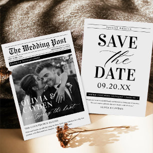 Invitation Photo de journal Unique Mariage Économisez la Date