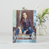 Invitation Photo de la 2e année | Bleu Script Cool Brush Keep (Debout devant)