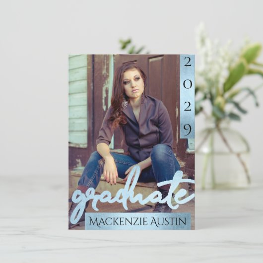 Invitation Photo de la 2e année | Bleu Script Cool Brush Keep (Debout devant)