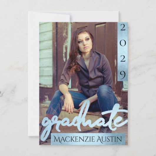 Invitation Photo de la 2e année | Bleu Script Cool Brush Keep (Devant)