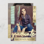 Invitation Photo de la 2e année | Gold Script Elegant Grad (Devant / Derrière)