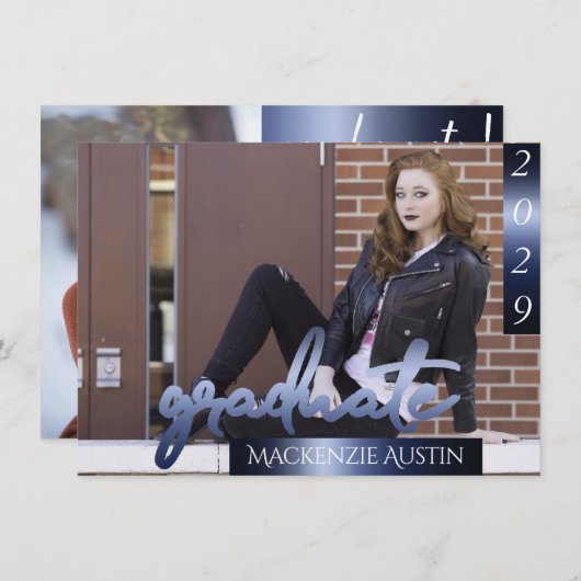 Invitation Photo de la 2e année | Marine Script Dark Blue Kee (Devant / Derrière)