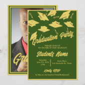 Invitation Photo de la fête de graduation Carton vert et or (Devant / Derrière)
