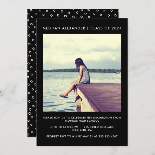 Invitation Photo de la fête de graduation noire et blanche (Devant / Derrière)