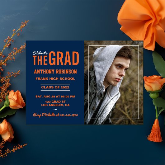 Invitation Photo de la fête de graduation orange et bleu
